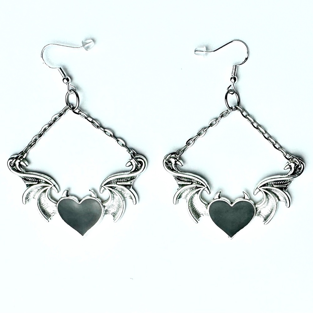 Gothic earrings winged heart goth witch witchy dangly chandelier punk festival